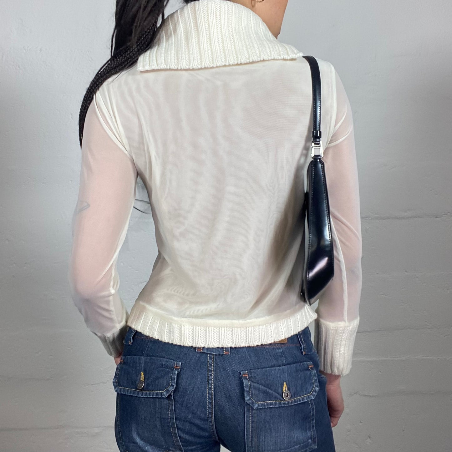 Vintage 2000's Soft Girl Pullover Style White Knitted High Neck Top with Wings Embroidery and Mesh Sleeves (S)