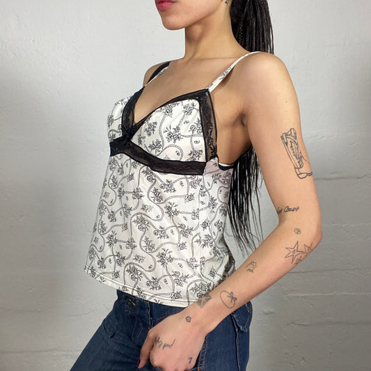 Vintage 2000's Coquette White Summer Minimalistic Floral Printed Cami Top with Black Lace Decorated Bra (L)