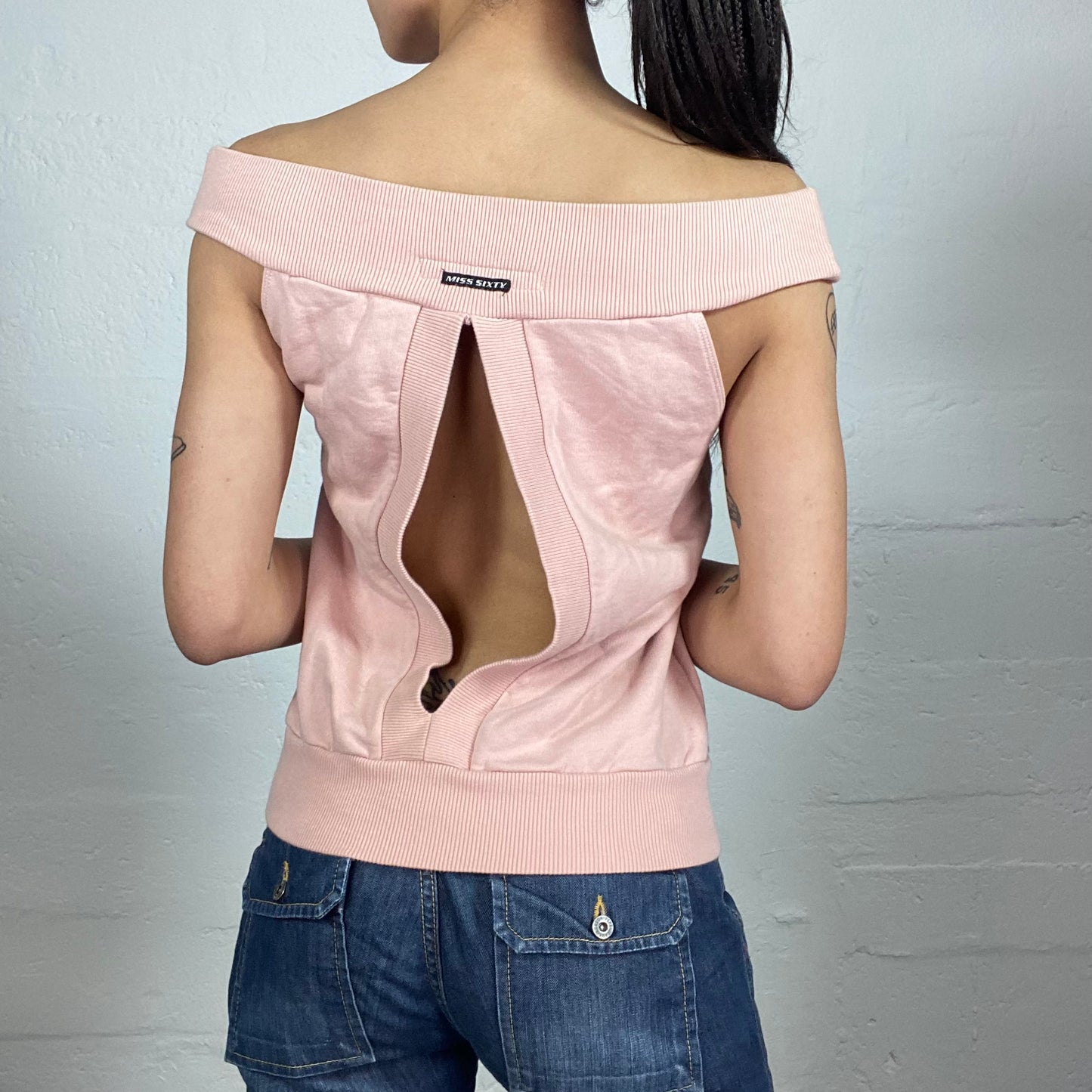 Vintage 2000's Soft Girl Casual Walk Baby Pink Off Shoulder Open Back Cut Pullover Style Top with Blue Typography Embroidery (S)