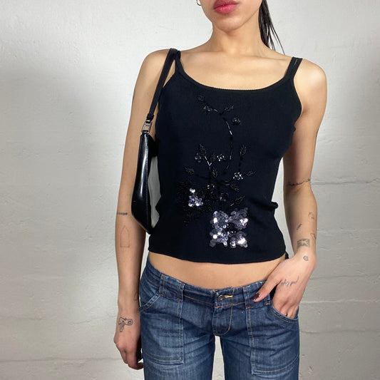 Vintage 2000's Clubwear Black Jersey Tank Top with Black and Silver Sequins Embroidery (S)