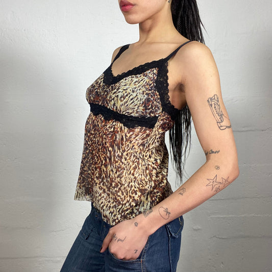 Vintage 2000's Mob Wife Cheetah Print Cami Top with Black Lace Trim (M)