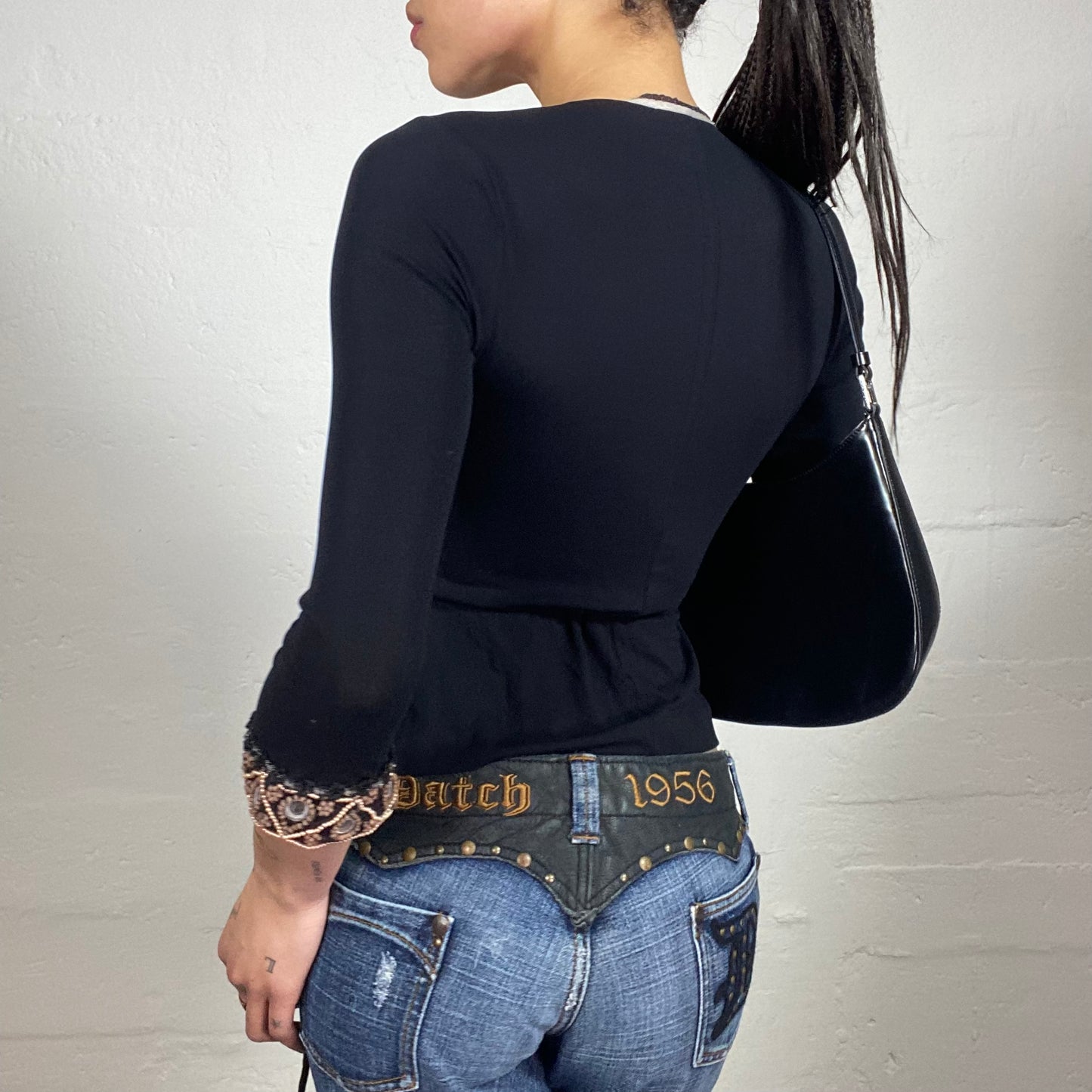 Vintage 2000's Boho Black 3/4 Sleeve Wrapping V-Neck Top with Brown Details Embroidery (M)