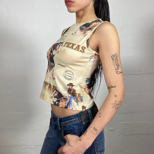 Vintage 2000's Cowgirl Beige and Brown Texas Western Style Print Tank Top (M)