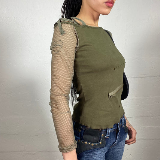 Vintage 2000's Hip-Hop Style Khaki Green Mesh 3/4 Sleeved Off Shoulder Top with Zipper (M)