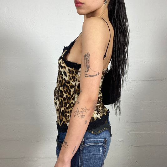 Vintage 2000's Summer Cheetah Girl Wrapping Animal Print Cami Top with Black Lace Trim and Silky Binding (L)