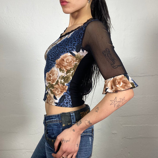 Vintage 2000's Romantic Boho 2/4 Mesh Sleeve Animal and Floral Multicoloured Printed Top with Ruffle Decorations (L)