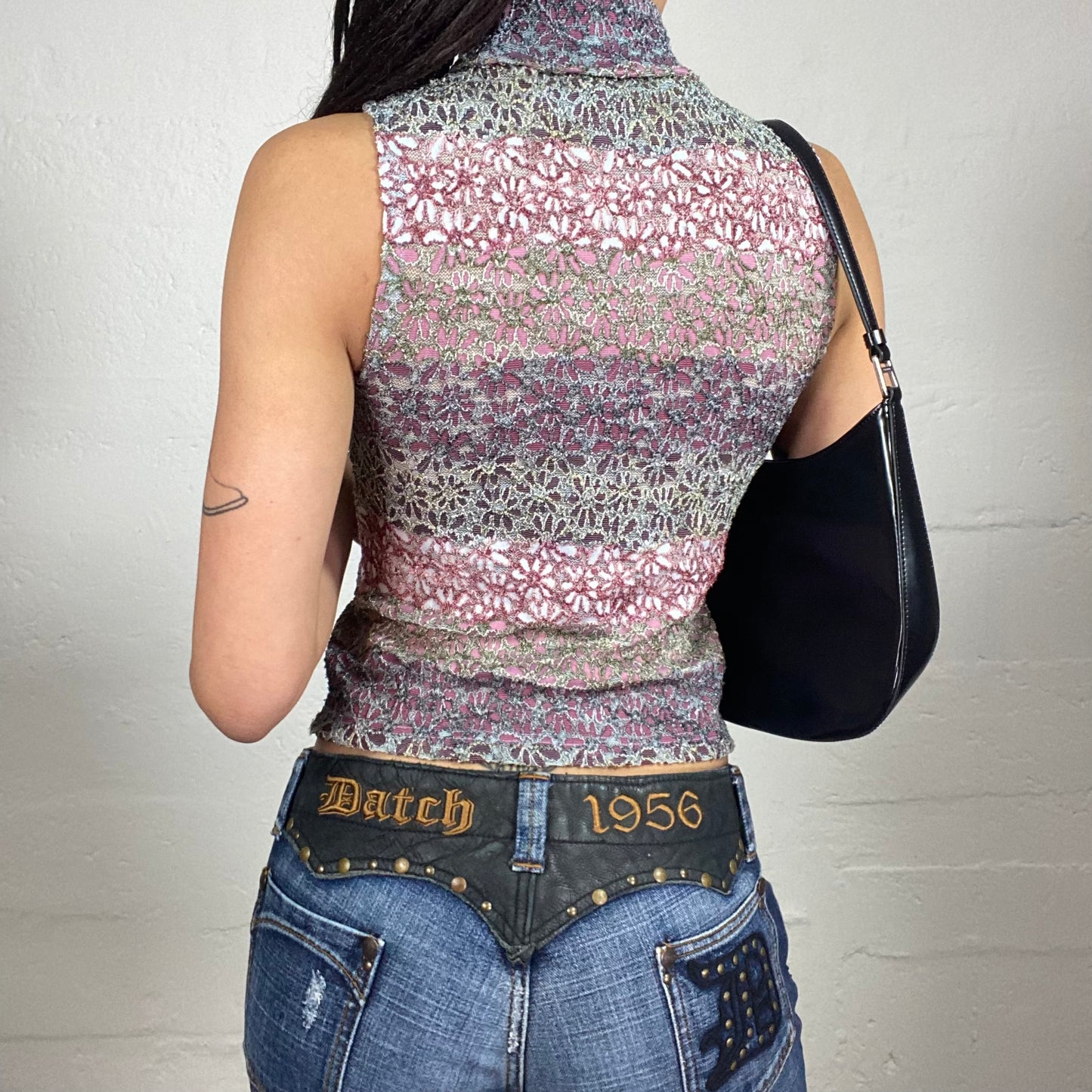Vintage 2000's Soft Girl Pink and Grey Sleeveless Top with Floral Cut Out Print and Turtleneck (S)