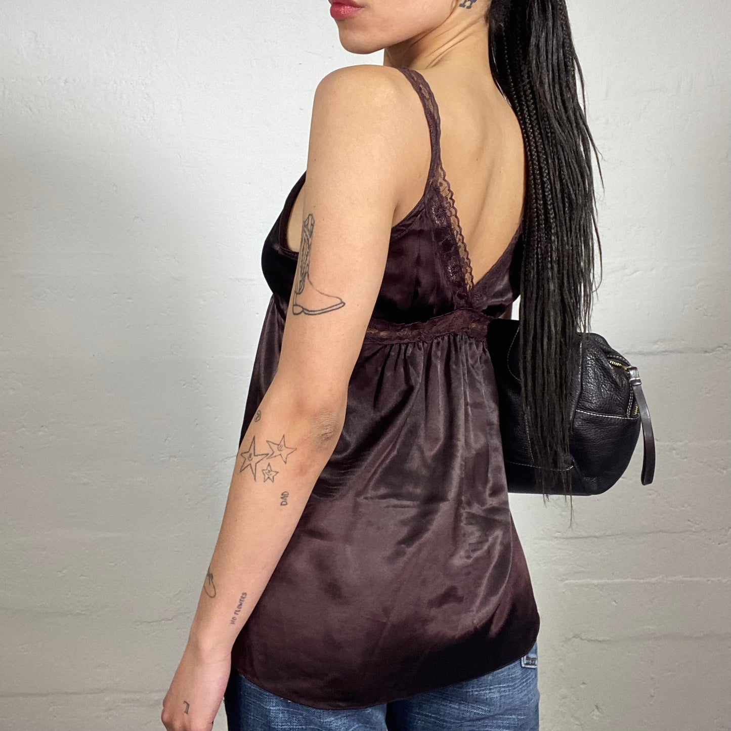 Vintage 2000's Upper East Side Style Brown Silky Long Cami Top with Lace Bra Trim (M)
