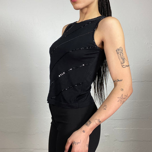 Vintage 2000's Clubwear Black Jersey Tank Top with Matching Black Sequins Embroidery (S)