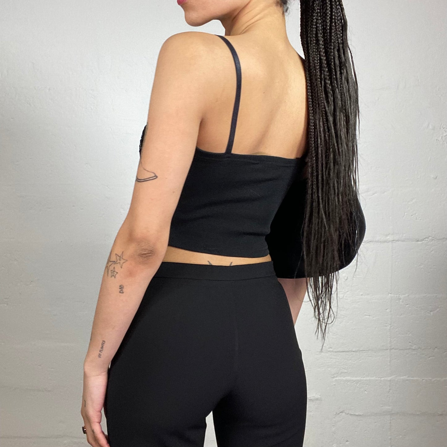 Vintage 2000's Clubwear Black Shiny Cropped Cami Top with Sequins Romb Embroidery (S)