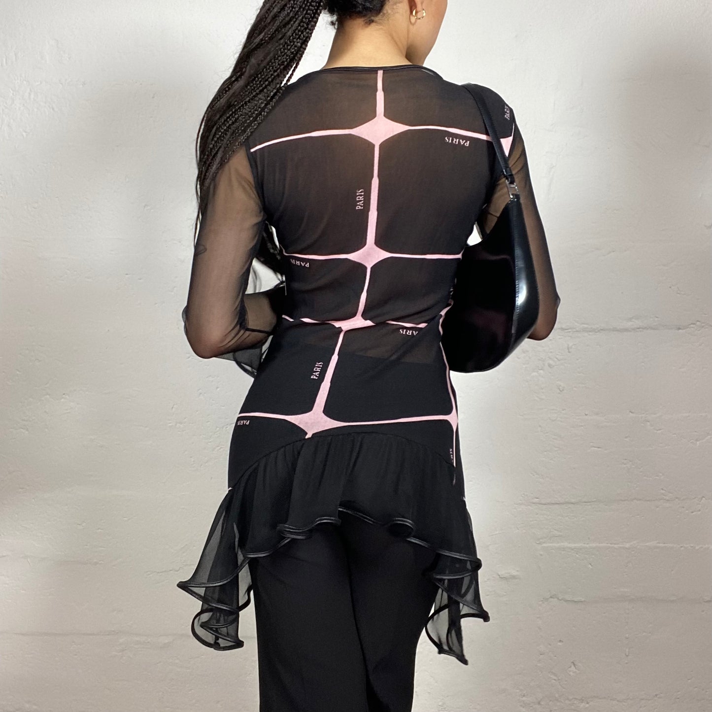 Vintage 2000's Soft Girl Mesh See-Through black Longsleeve Ruffled Top with Pink Futuristic Print and Paris Typography (S)