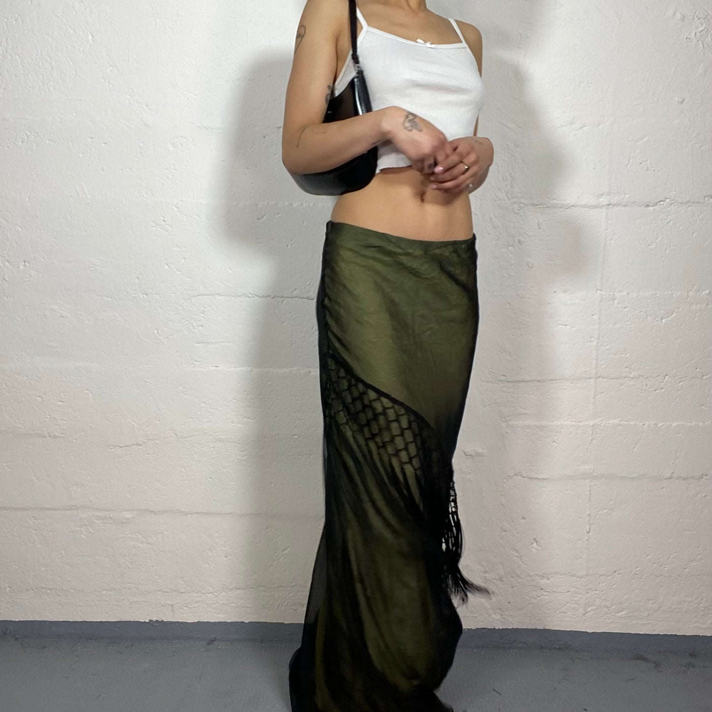 Vintage 2000's Boho Girl Mermaid Fit Low Waisted Khaki Green Shiny Maxi Skirt with Black Crochet Mesh Details (S)