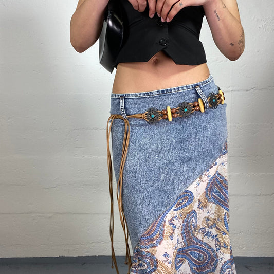Vintage 2000's Boho Girl Wooden and Metail Details Belt with Leather Long Decorative Stripes