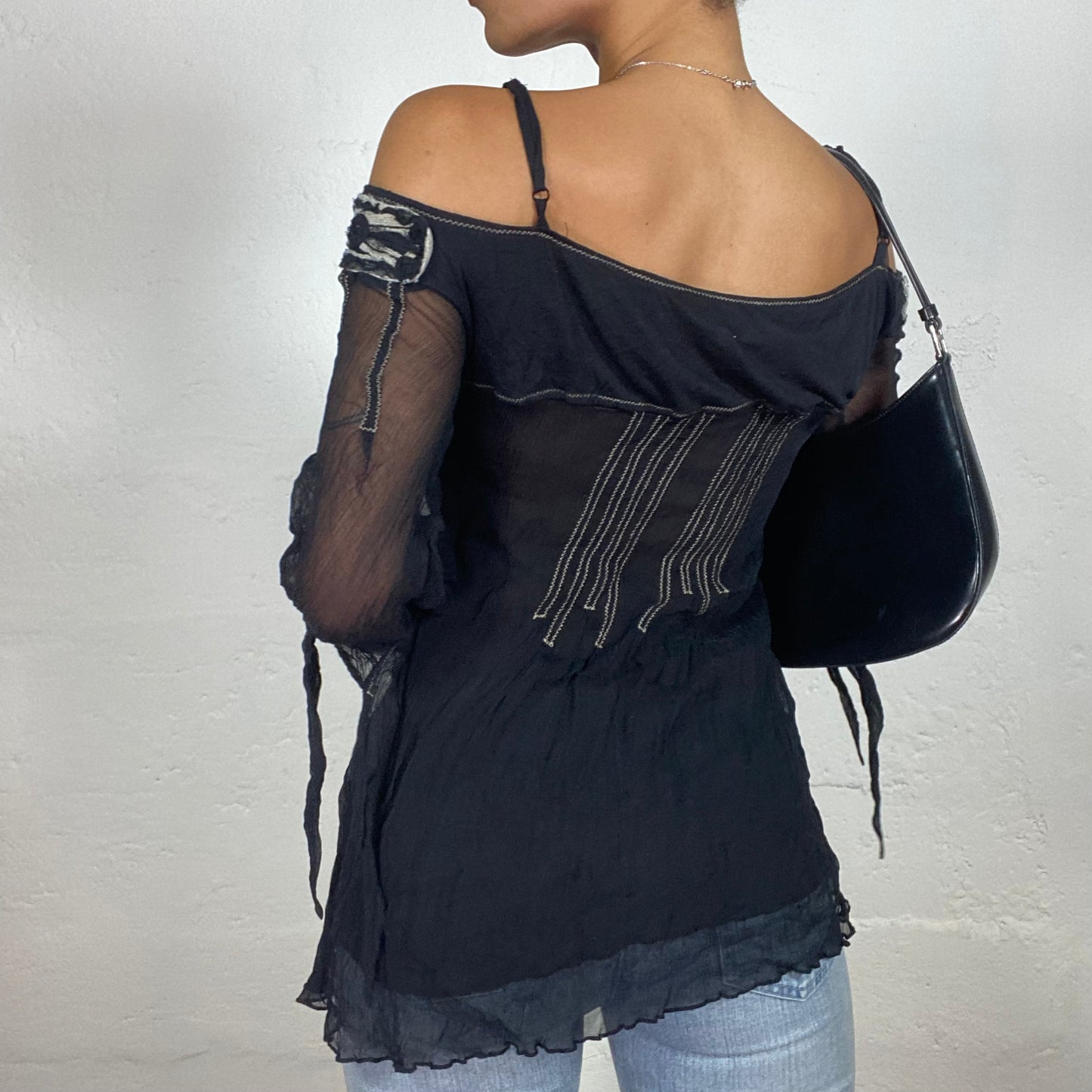 Vintage 2000's Boho Festival Girl Black Off Shoulder Longsleeve Dress with Shoulder Stripes and Beige Details (M)