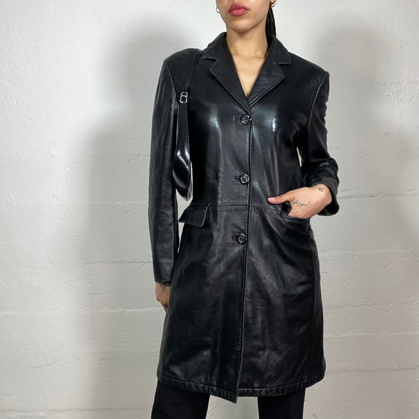 Vintage 90's Femme Fatale Leather Pointy Shoulders Button Up Black Coat (S)