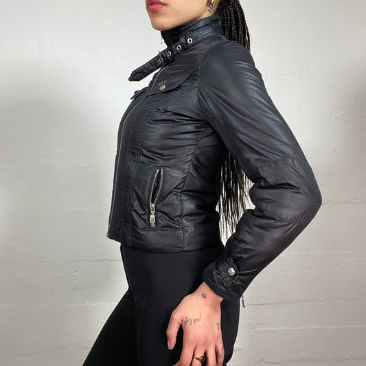 Vintage 2000's Biker Girl Black Puffy Nylon Zip Up Jacket with Neck Belt (XS)