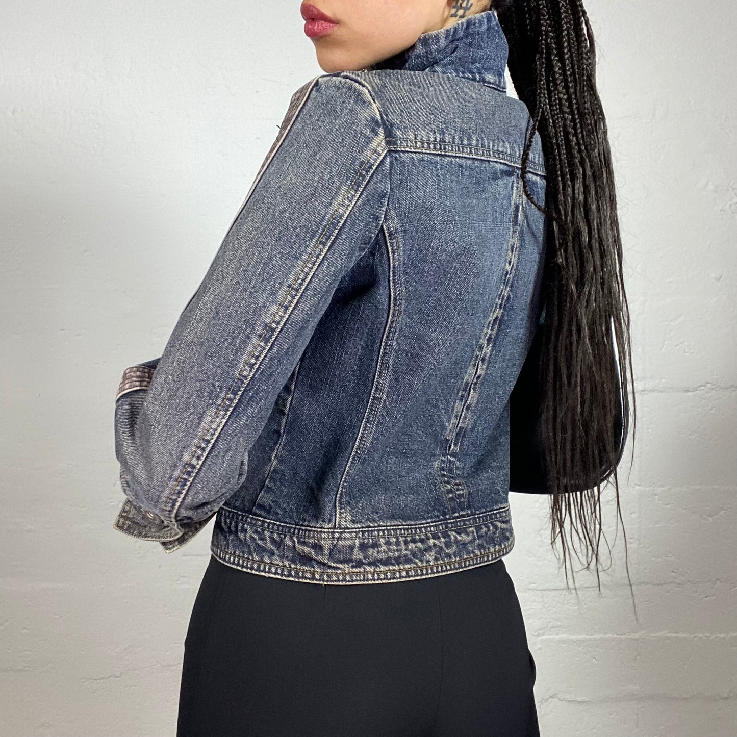 Vintage 2000's Spring High Neck Washed Off Effect Denim Zip Up Jacket with Multiple Pockets (M)