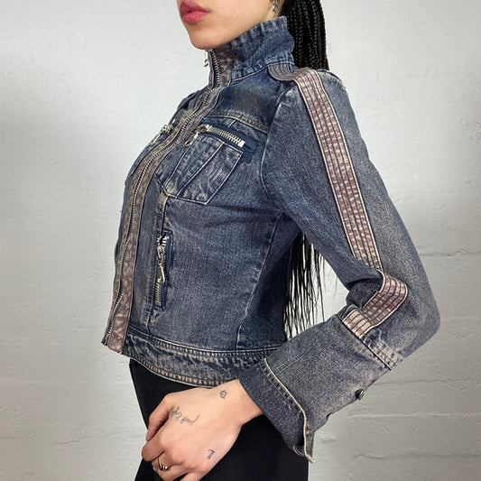 Vintage 2000's Spring High Neck Washed Off Effect Denim Zip Up Jacket with Multiple Pockets (M)