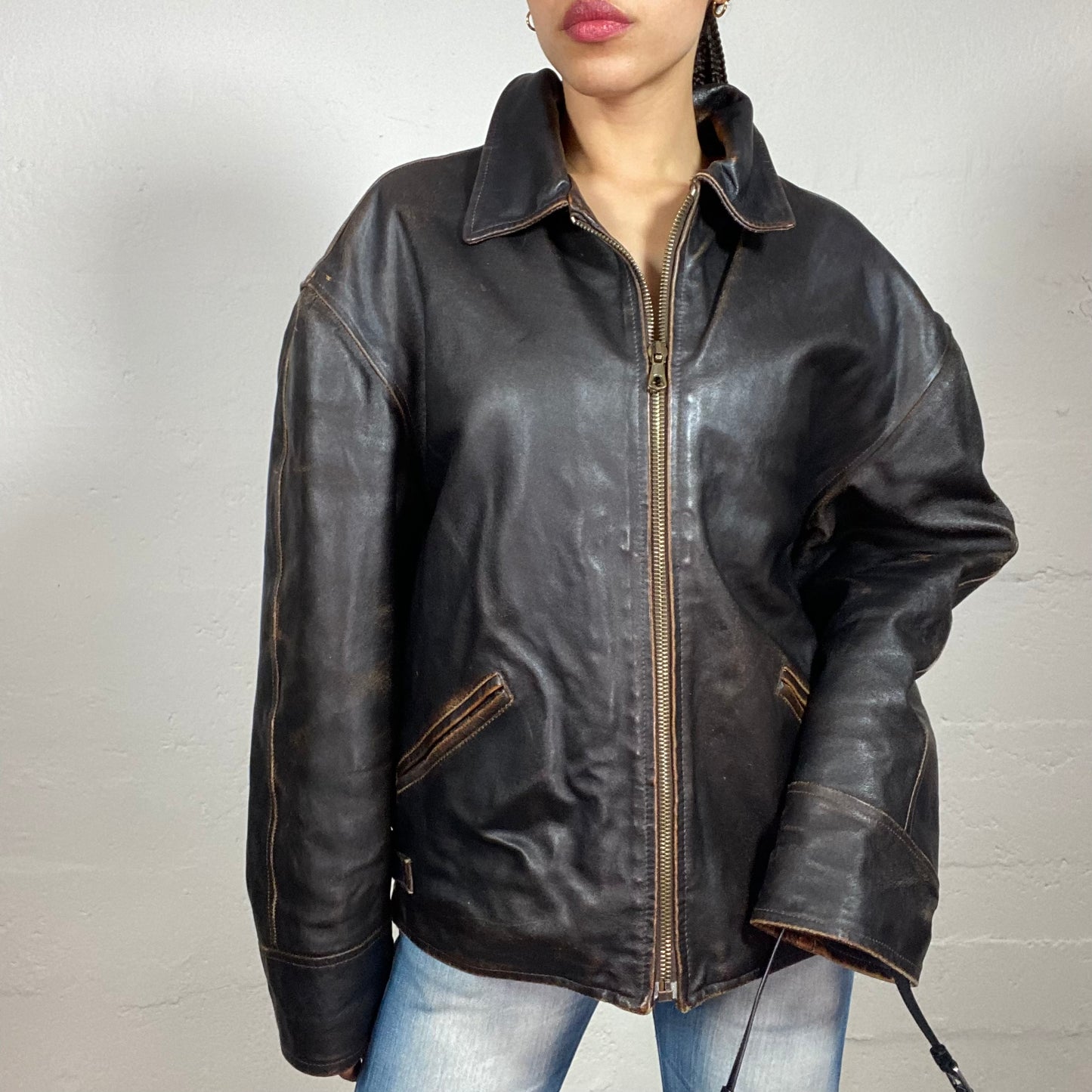 Vintage 2000's Biker Girl Brown Leather Faded Colour Zip Up Bomber Jacket with Zipped Pockets (L)