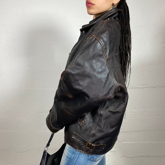 Vintage 2000's Biker Girl Brown Leather Faded Colour Zip Up Bomber Jacket with Zipped Pockets (L)