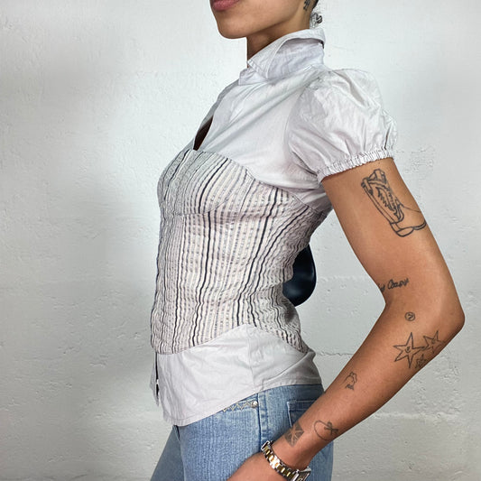 Vintage 2000's Office Girl Summer Light Beige Doll Cut Bottom Up Striped Shirt (S)