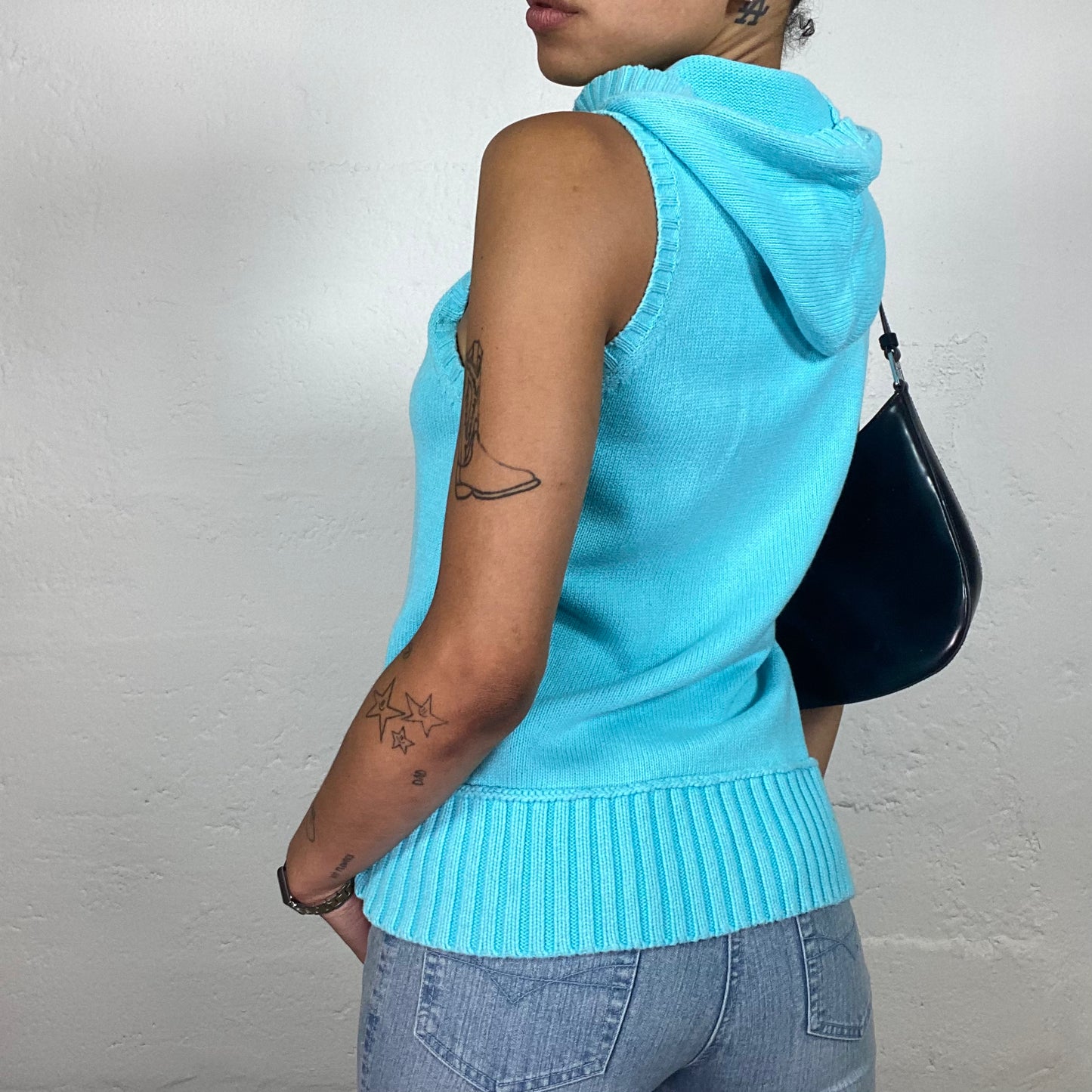 Vintage 2000's Downtown Girl Tiffany Colour Jersey Zip Up Sleeveless Hooded Pullover (S/M)