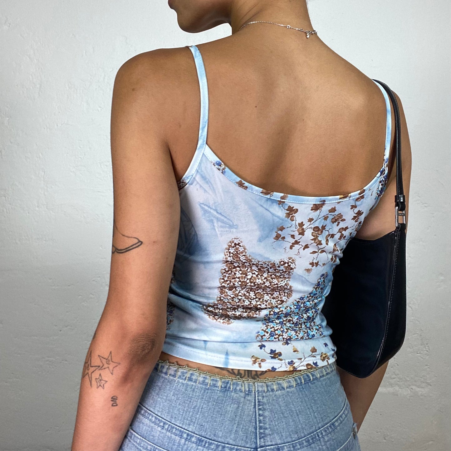 Vintage 2000's Soft Girl Baby Blue Tie Dye and Floral Print Cami Top (S)