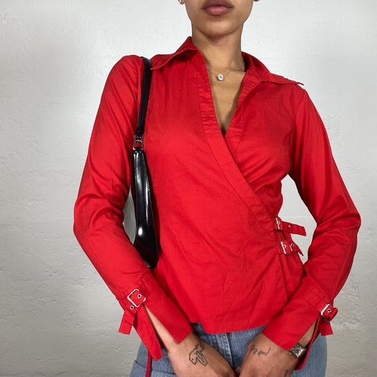 Vintage 2000's Femme Fatale Red Office Girl Shirt with Belt Details (S)