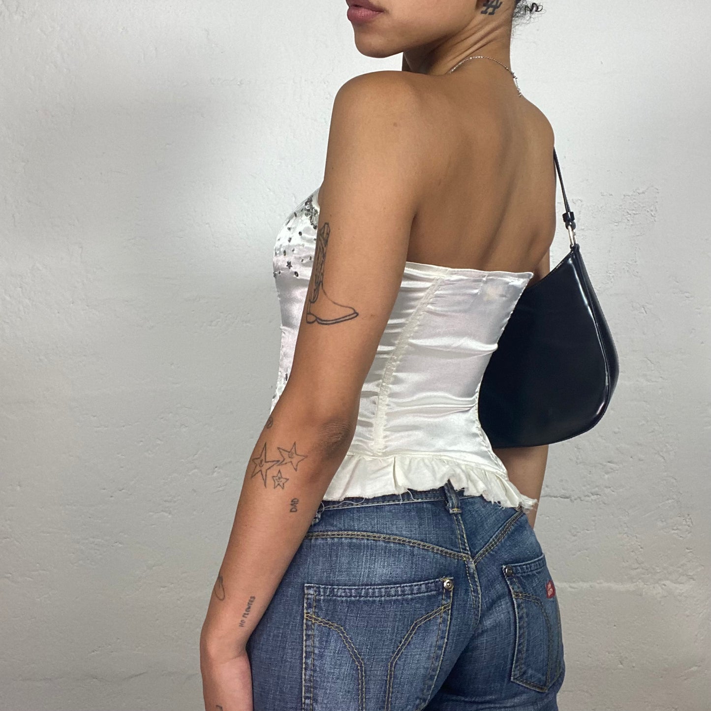 Vintage 2000's Bridal Style Ivory Silky Corset Top with Rhinestone Embroidery (S)