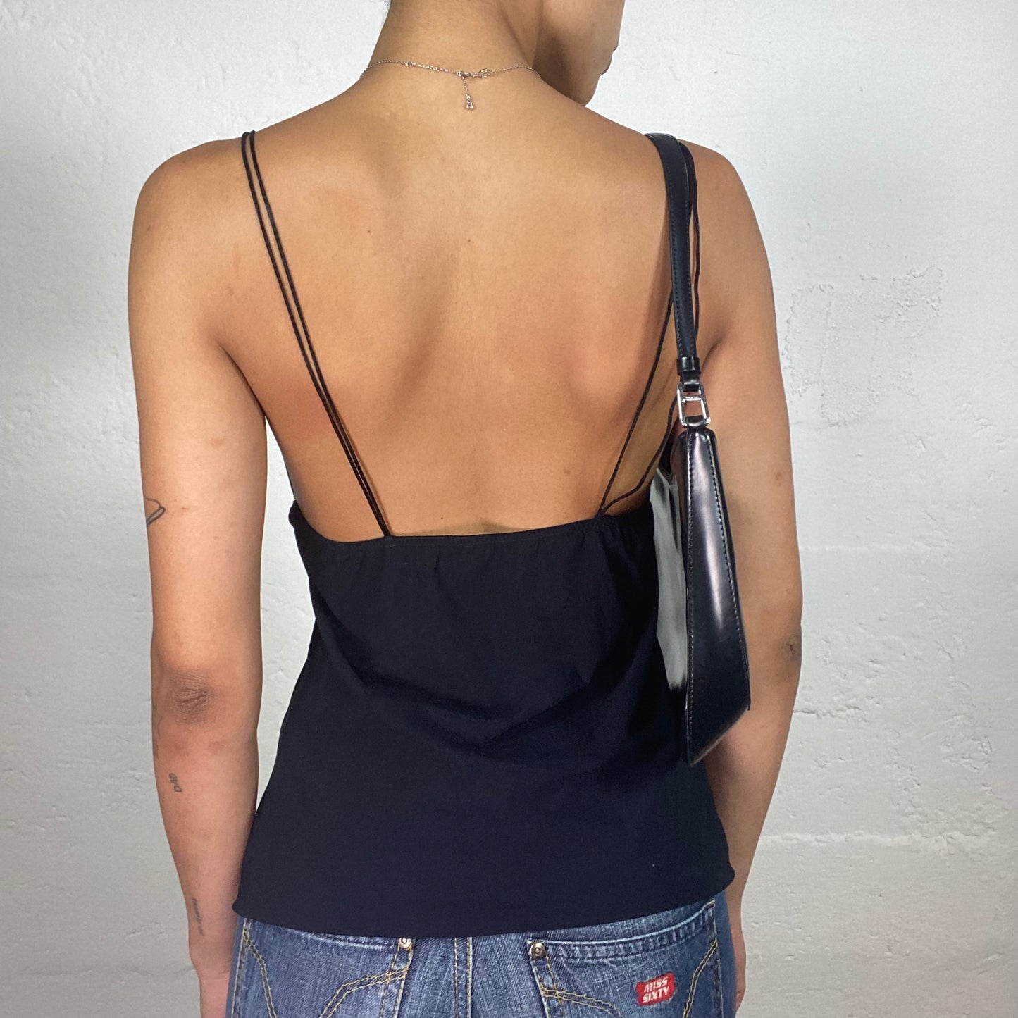Vintage 2000's Clubwear Black Camisole Top with Shoulder Bindings and Rhinestone Lizard Embroidery (L)