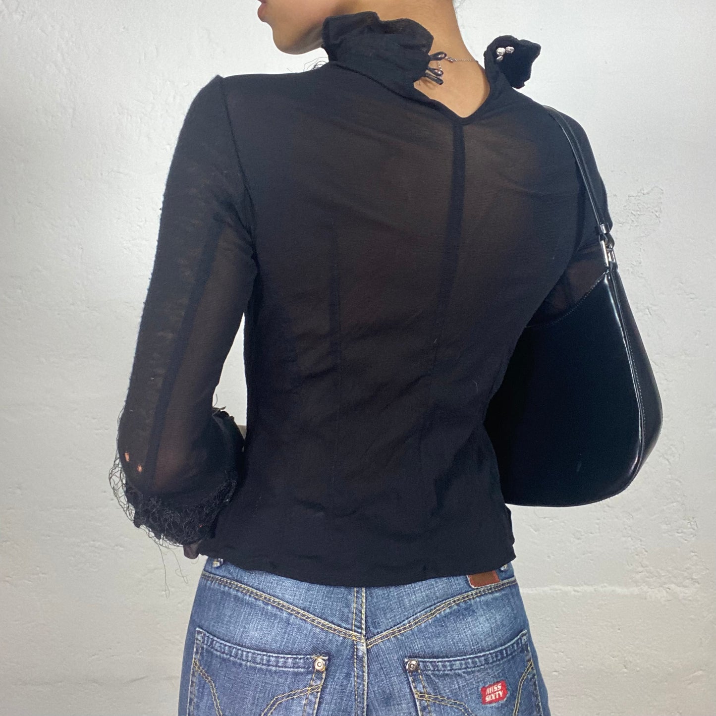 Vintage 2000's Vamp Girl Black Longsleeve Ruffled Neck Detail Red and Brown Print Top (S)