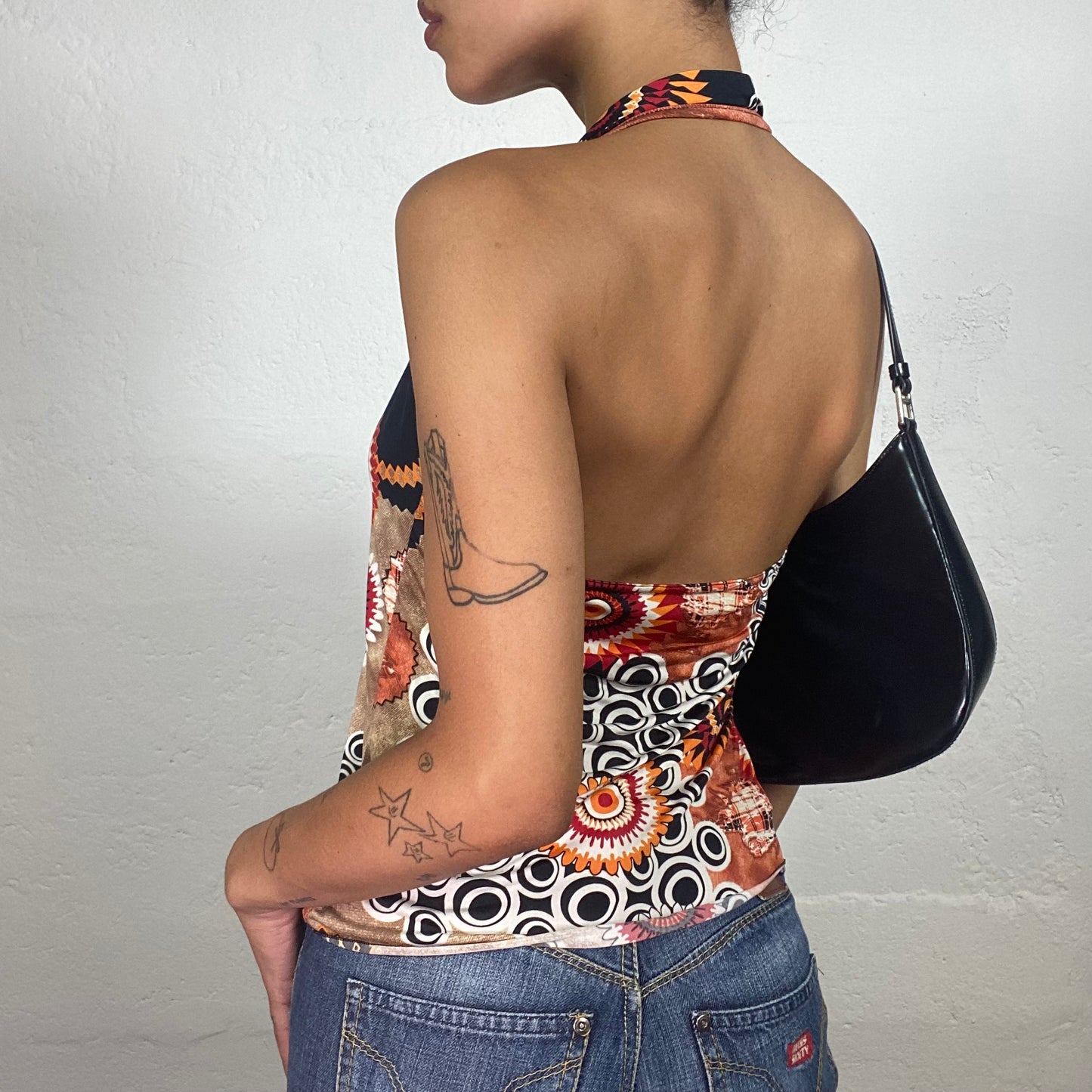 Vintage 2000's Downtown Girl Black and Orange Futuristic Boho Print Neckholder Top (S/M)
