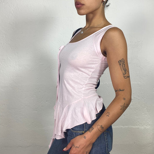 Vintage 2000's Cute Soft Girl Baby Pink Light Sleeves Top with Flower Detail (S)