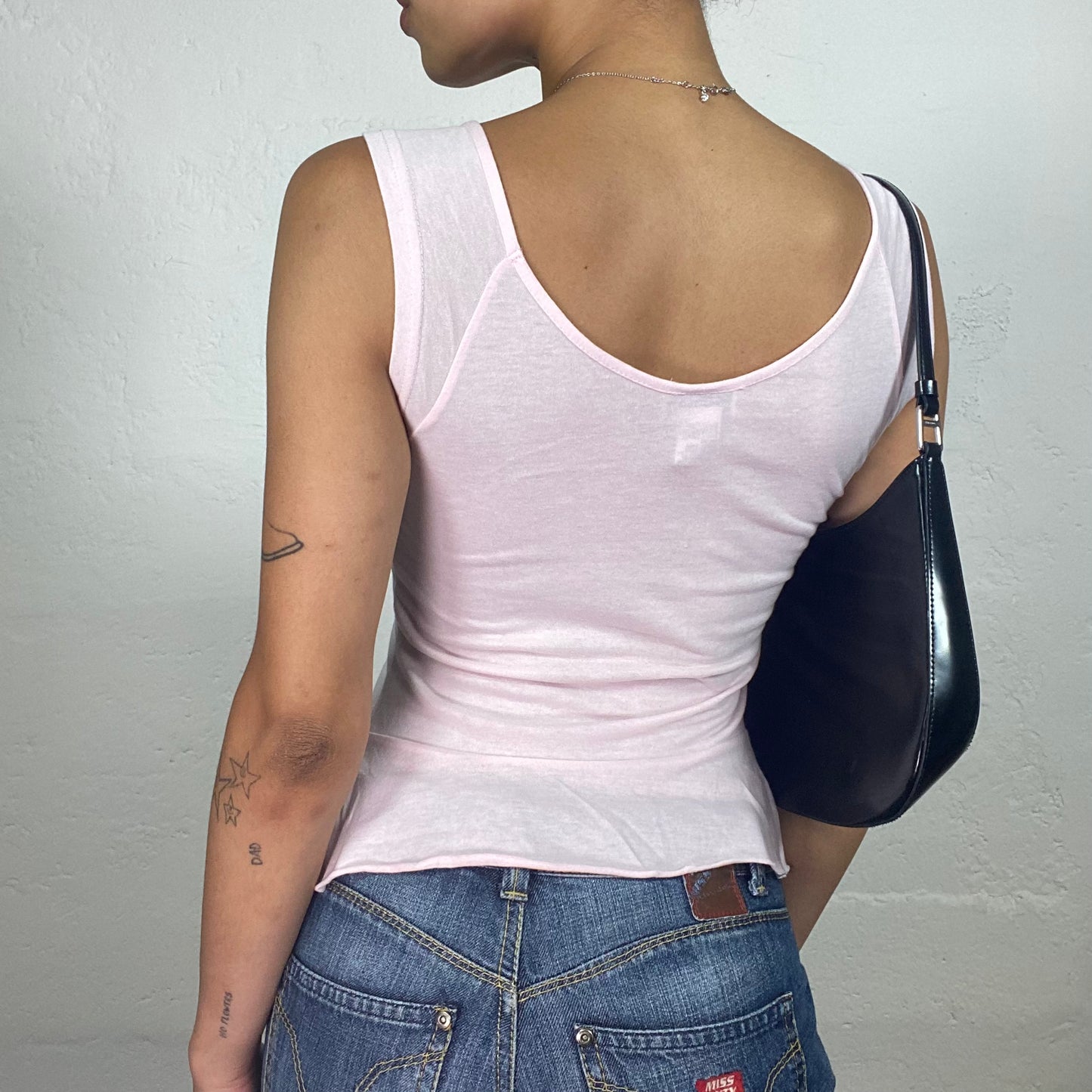 Vintage 2000's Cute Soft Girl Baby Pink Light Sleeves Top with Flower Detail (S)