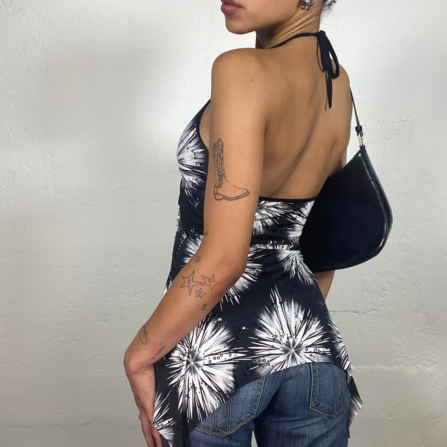 Vintage 2000's Downtown Girl Black and White Floral Print Neckholder Top with Black Belt (S)