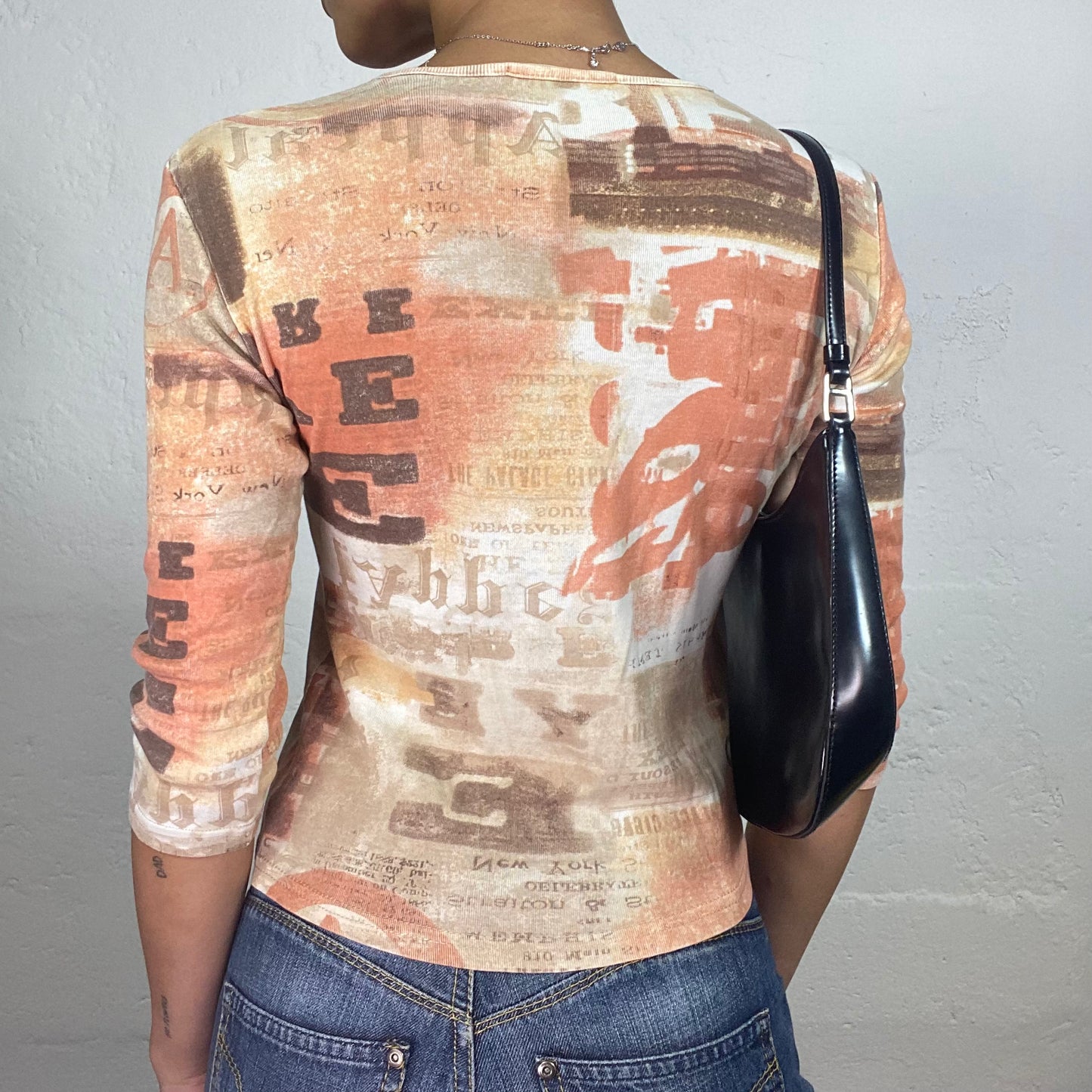 Vintage 2000's Cowgirl Brown and Orange 3/4 Sleeve V-Neck Printed Top (S)