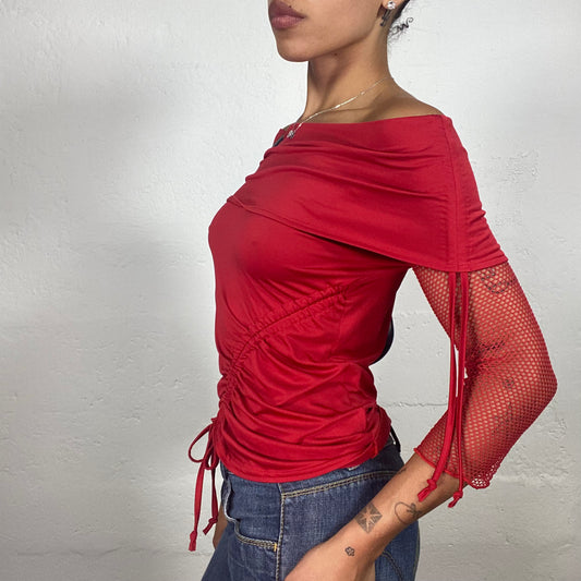 Vintage 2000's Downtown Girl Red Off Shoulder Longsleeve Top with Rubbered Details (S)