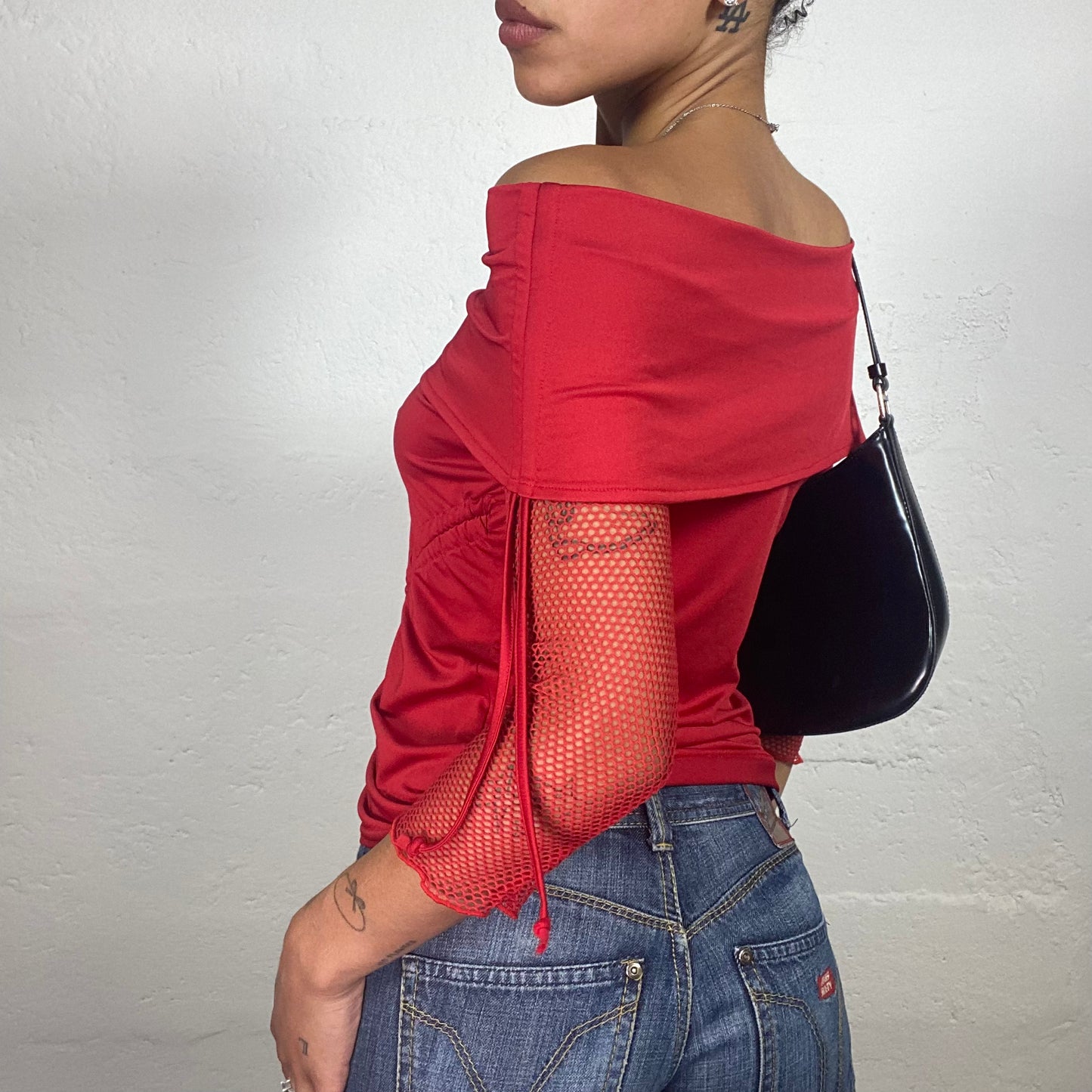 Vintage 2000's Downtown Girl Red Off Shoulder Longsleeve Top with Rubbered Details (S)