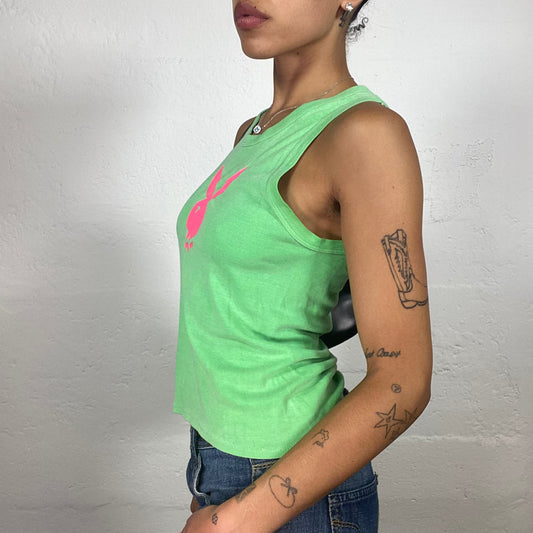Vintage 2000's Playboy Summer Girl Green Tank Top with Neon Pink Logo Print (S/M)