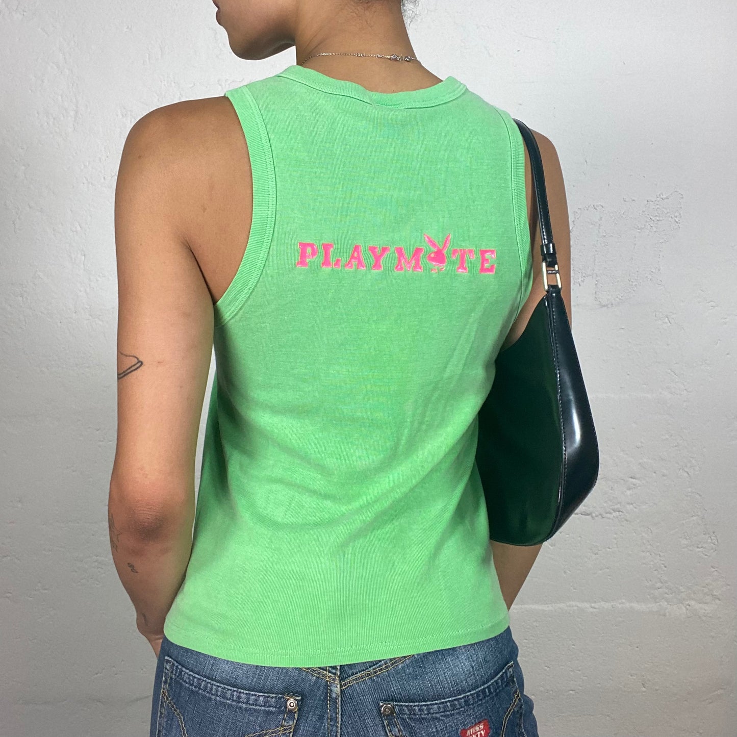 Vintage 2000's Playboy Summer Girl Green Tank Top with Neon Pink Logo Print (S/M)