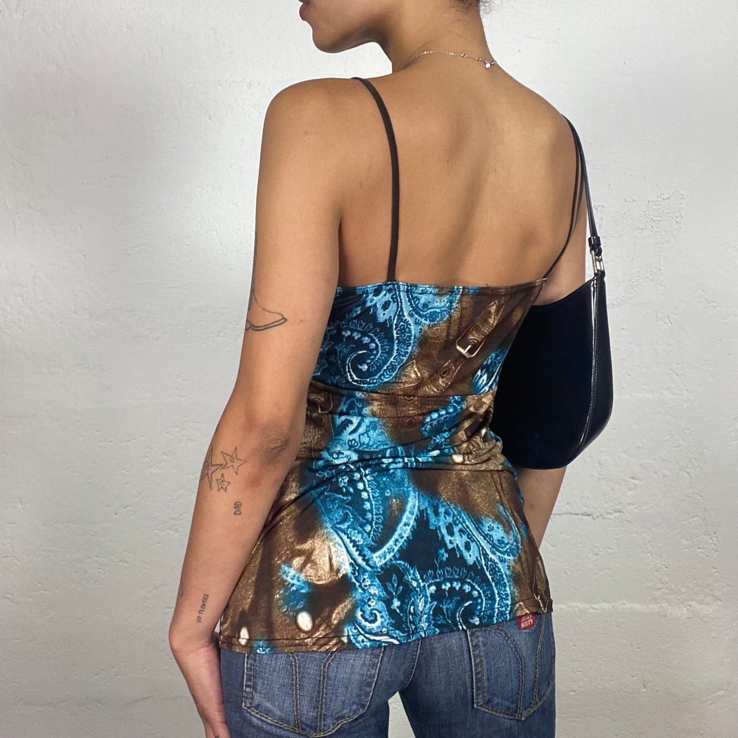 Vintage 2000's Boho Girl Brown and Blue Multiprinted Cami Top with Metal Details (M)