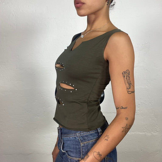 Vintage 2000's Downtown Girl Green Tank Top with Rhinestones (S/M)