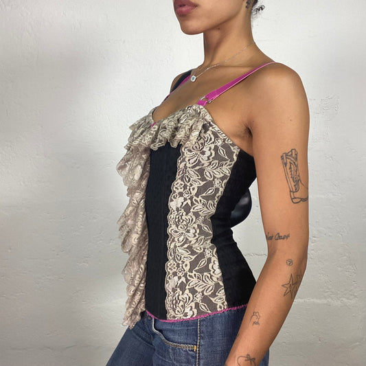 Vintage 2000's Morgan Princess Beige and Black Lacs Decorated Bustier Top with Pink Stripes (M)