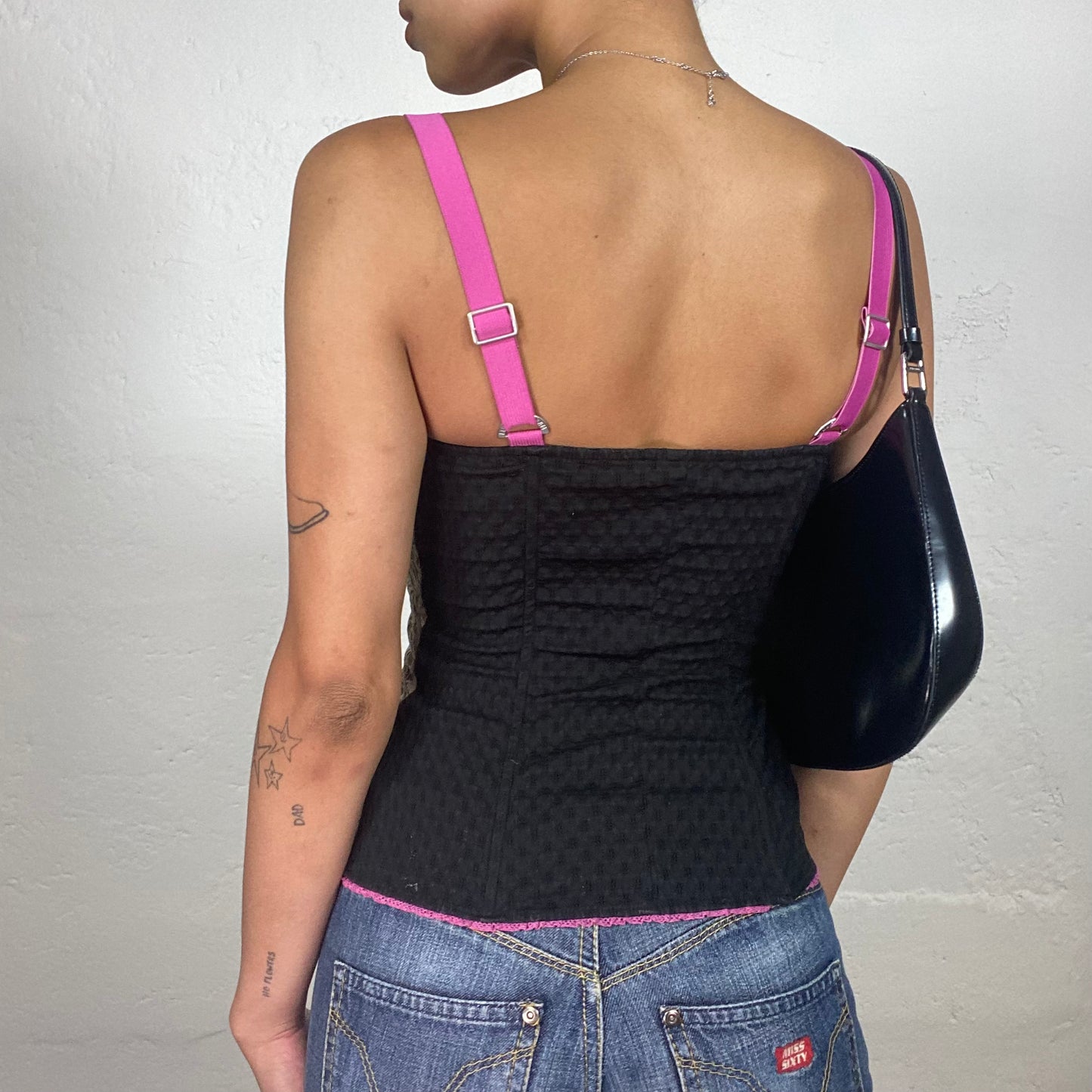 Vintage 2000's Morgan Princess Beige and Black Lacs Decorated Bustier Top with Pink Stripes (M)