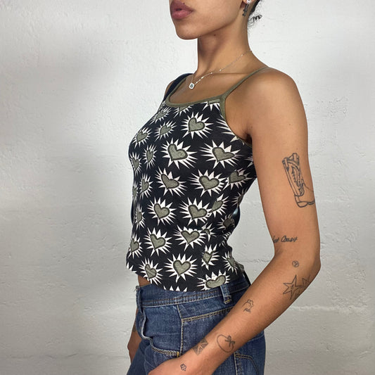 Vintage 2000's Cute Summer Black Cami Top with Khaki Hearts Print (S)