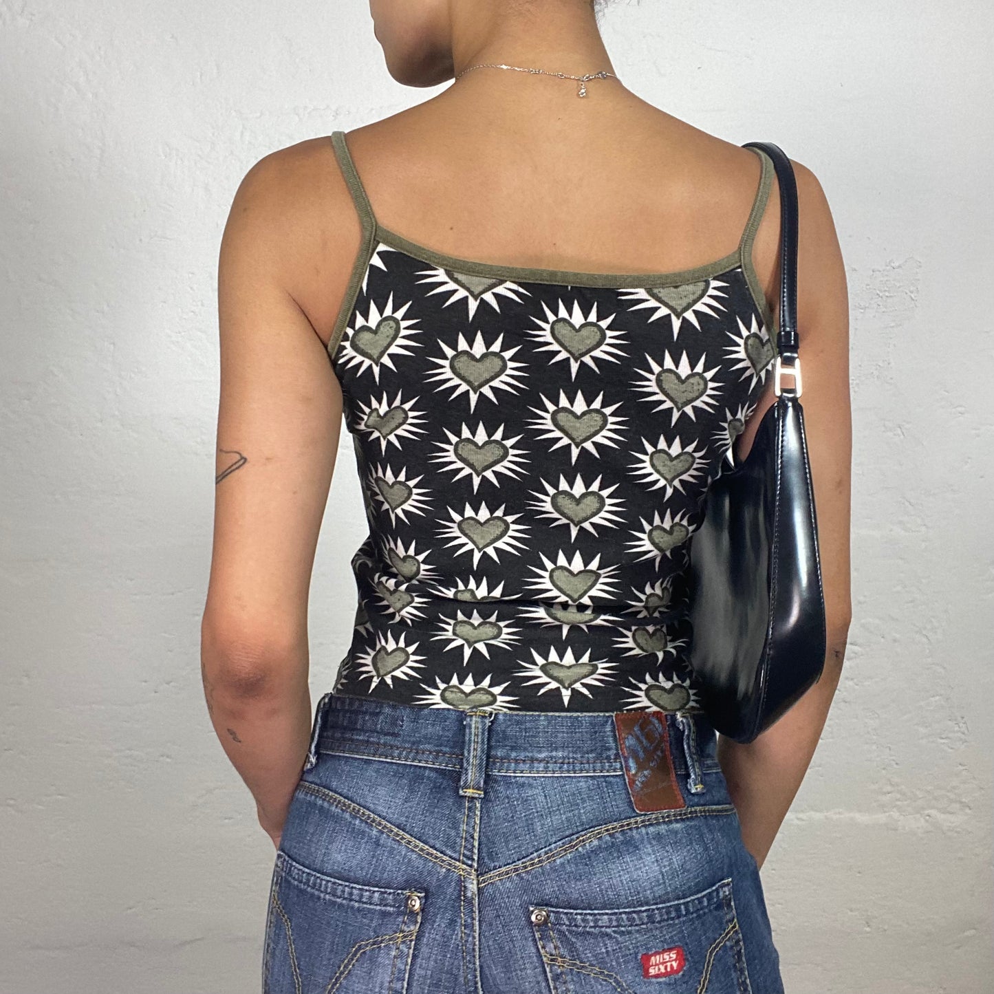 Vintage 2000's Cute Summer Black Cami Top with Khaki Hearts Print (S)