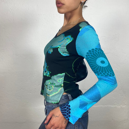 Vintage 2000's Downtown Girl Black and Blue Longsleeve Top with Rabbit Print and Shiny Metallic Onprint Details (S)