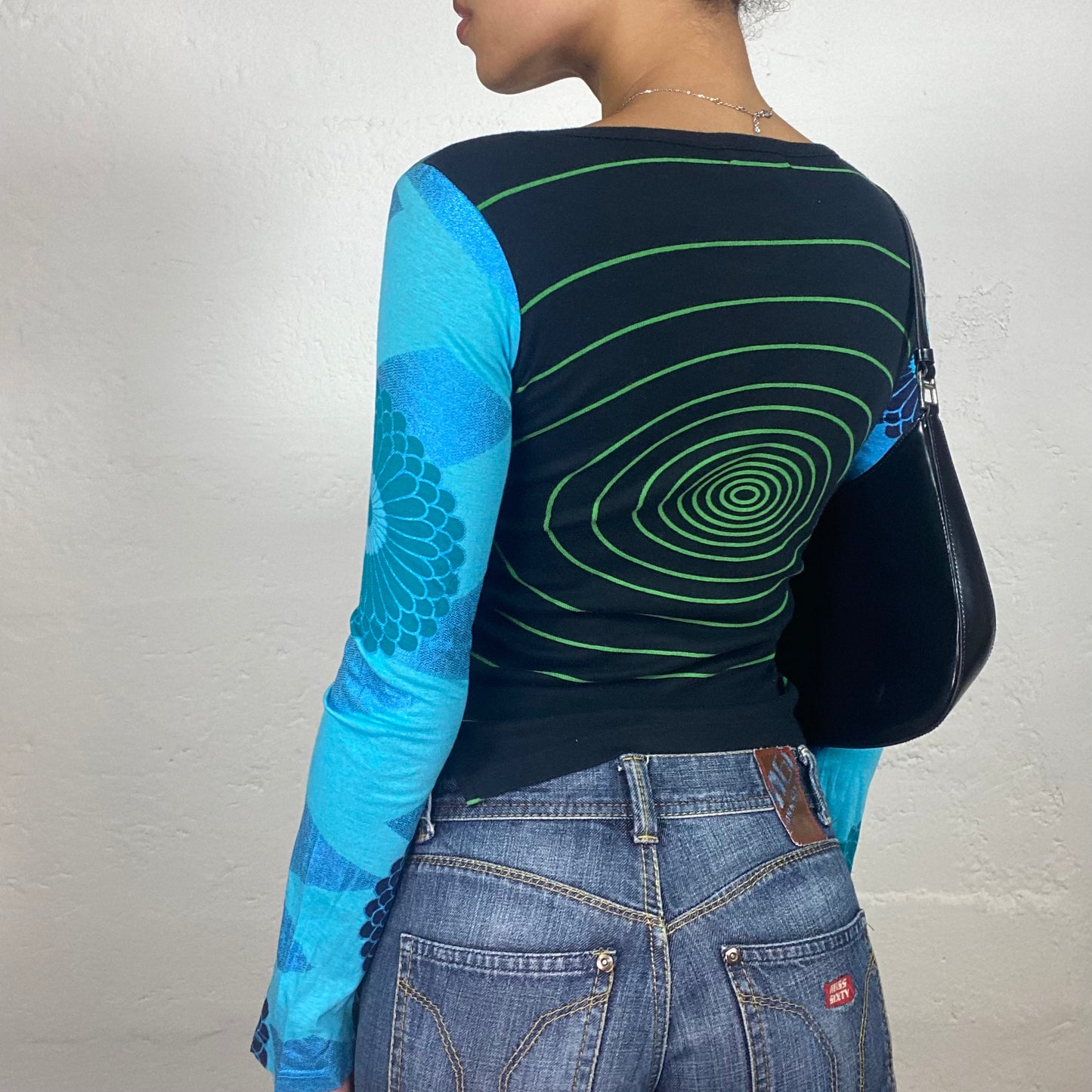 Vintage 2000's Downtown Girl Black and Blue Longsleeve Top with Rabbit Print and Shiny Metallic Onprint Details (S)