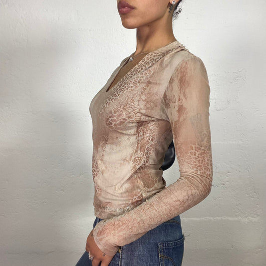 Vintage 2000's Downtown Girl Beige Animal Print Longsleeve Top with V-Cut and Stripe Detail (S)