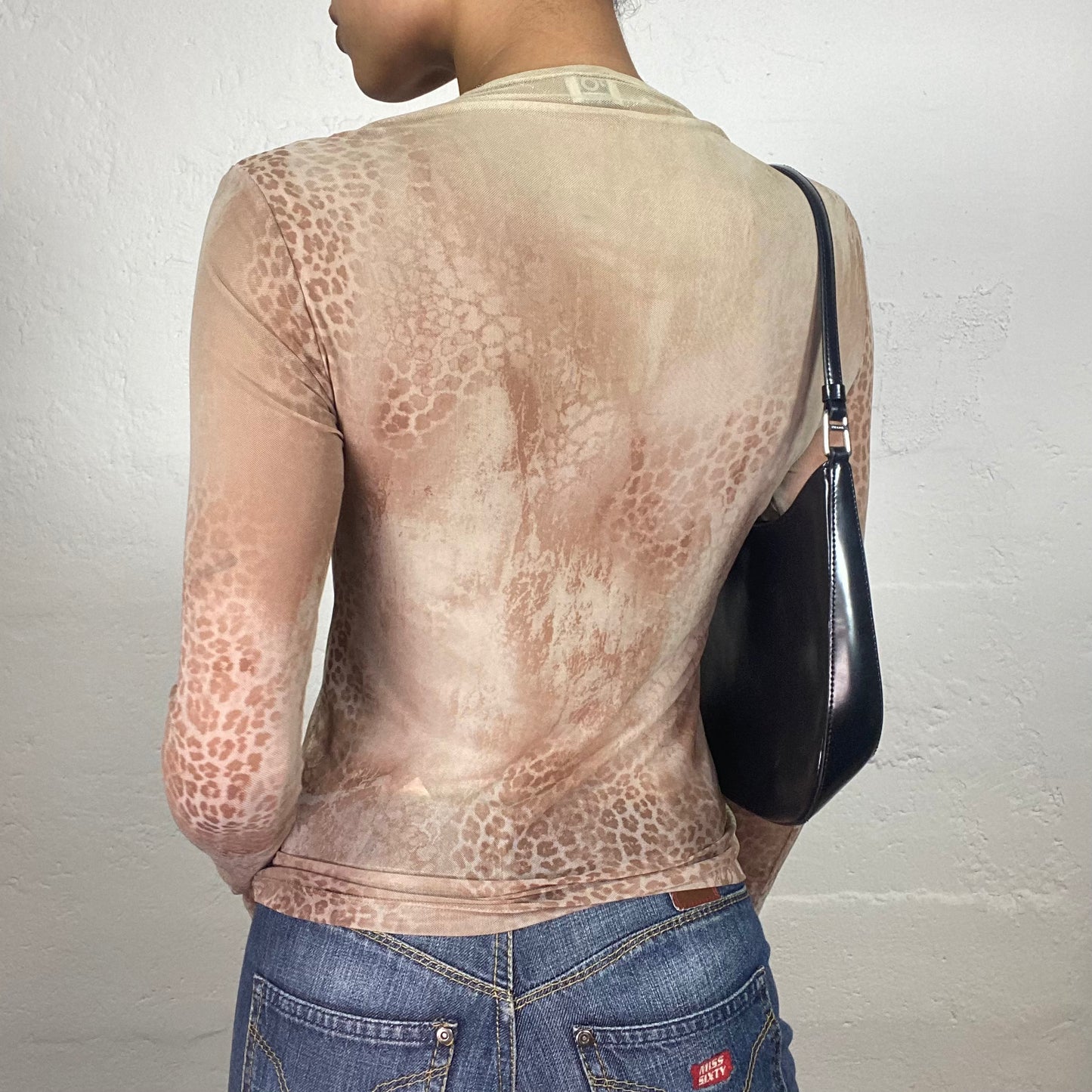 Vintage 2000's Downtown Girl Beige Animal Print Longsleeve Top with V-Cut and Stripe Detail (S)
